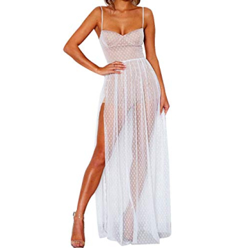 xxxiticat Women's Sexy High Split See Through Clubwear Party Cocktail Long Backless Mesh Dot Lace Sleeveless Maxi Dresses(WH,S) White