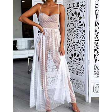 xxxiticat Women's Sexy High Split See Through Clubwear Party Cocktail Long Backless Mesh Dot Lace Sleeveless Maxi Dresses(WH,S) White