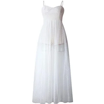 xxxiticat Women's Sexy High Split See Through Clubwear Party Cocktail Long Backless Mesh Dot Lace Sleeveless Maxi Dresses(WH,S) White