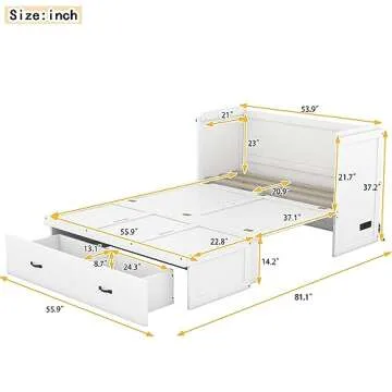 Full Murphy Bed, Modern Wall Bed with Drawer, Full Murphy Cabinet Bed with USB Port, Full Size Wood Murphy Bed Cabinet Bed, Murphy Bed Chest Murphy Bed Frame for Guest Bedroom, Large Drawer, White