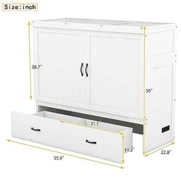 Full Murphy Bed, Modern Wall Bed with Drawer, Full Murphy Cabinet Bed with USB Port, Full Size Wood Murphy Bed Cabinet Bed, Murphy Bed Chest Murphy Bed Frame for Guest Bedroom, Large Drawer, White