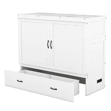 Full Murphy Bed, Modern Wall Bed with Drawer, Full Murphy Cabinet Bed with USB Port, Full Size Wood Murphy Bed Cabinet Bed, Murphy Bed Chest Murphy Bed Frame for Guest Bedroom, Large Drawer, White