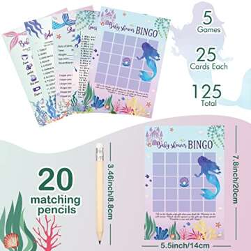 Yinder 145 Pieces Baby Shower Games for Boy or Girl Game Activities Cards with 20 Pencils Includes Baby Bingo Description and Wishes Guess Who Baby Price is Right, Word Scramble Game(Mermaid)