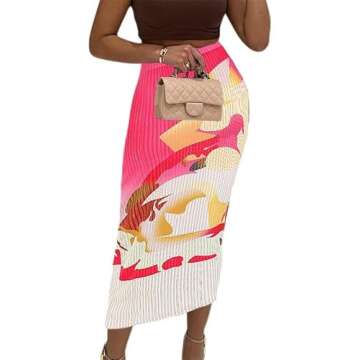 Avanova Women Floral Print Pencil Midi Skirt High Waisted Tight Bodycon Skirts Hot Pink Large