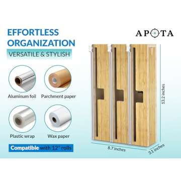 APOTA Mercantile Ultimate 3-Slot Foil Dispenser 37pcs - Organize, Cut, and Wrap with Ease - Convenient, Efficient & Stylish Kitchen Accessory for Quick Food Wrapping