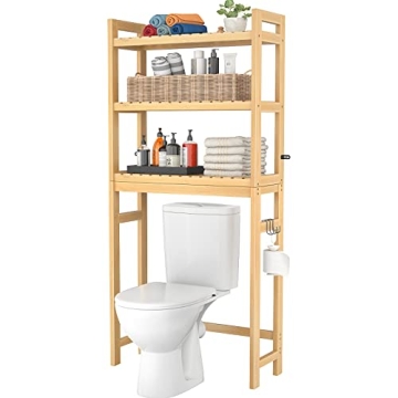 Homykic Over The Toilet Storage, 3-Tier Bamboo Bathroom Shelf with 3 Hooks