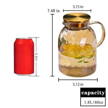 AEFPOYMXU 64 oz Amber Glass Pitcher with Lid and Spout Borosilicate Water Pitcher Bedside Water Carafe Vintage Glass Jug for Juice Coffee Iced Tea Hot Cold Beverage Lemonade Fridge 1.8L