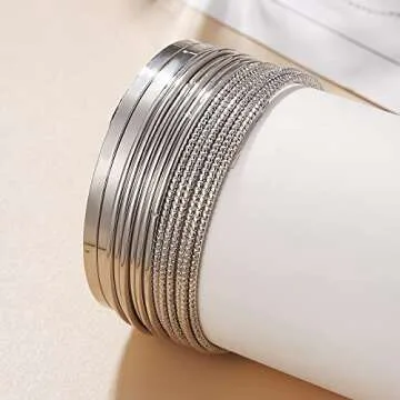 14Pcs Silver Bangle Bracelets Set for Women - RINTOLER