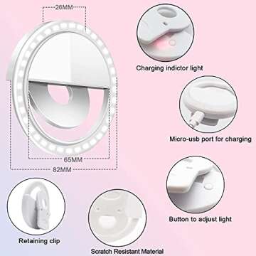 Selfie Light Ring Led Circle Clip-on Selfie Fill Light with 36 Led Bubbles USB Rechargeable Portable for iPhone Smart Phones,Laptop,iPad Photography, Camera Video,Girl Makes up(White)