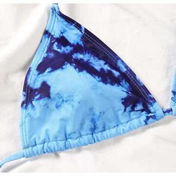Bikini Swimsuit for Women, Tie Dye 3 Pieces Set, Knot Front Off Shoulder Cover Up with Halter Bikini Sets Bathing Suit (Blue, L)