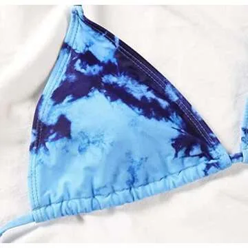 Bikini Swimsuit for Women, Tie Dye 3 Pieces Set, Knot Front Off Shoulder Cover Up with Halter Bikini Sets Bathing Suit (Blue, L)