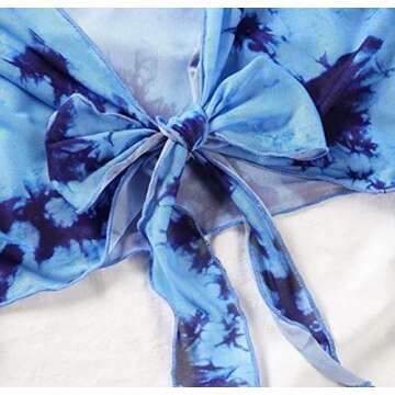 Bikini Swimsuit for Women, Tie Dye 3 Pieces Set, Knot Front Off Shoulder Cover Up with Halter Bikini Sets Bathing Suit (Blue, L)