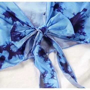 Bikini Swimsuit for Women, Tie Dye 3 Pieces Set, Knot Front Off Shoulder Cover Up with Halter Bikini Sets Bathing Suit (Blue, L)