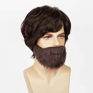 QACCF Mens Short Brown Curly Side Bang Shaggy Costume Hippie Wig and Facial Beard