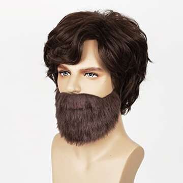 QACCF Mens Short Brown Curly Side Bang Shaggy Costume Hippie Wig and Facial Beard
