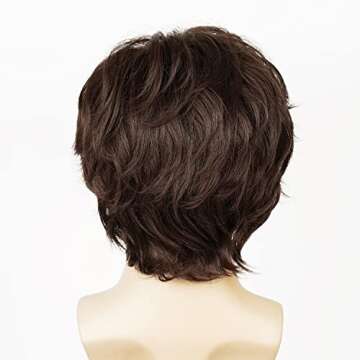 QACCF Mens Short Brown Curly Side Bang Shaggy Costume Hippie Wig and Facial Beard