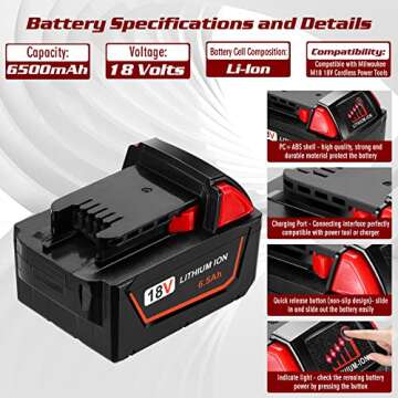 HUSUE 6.5Ah 18V Replacement Battery for Milwaukee M18 Battery, Lithium Battery Compatible with Milwa...