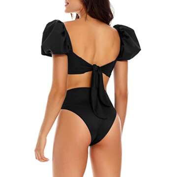 Fisoew Women's High Waist Bikini Sets Tie Knot Tummy Control Swimwear 2 Piece Swimsuits Black