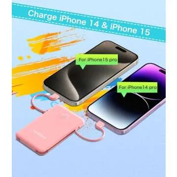 6000mah Ultra Slim Built in Cables Power Bank, Card Size Built in USB C Cords Battery Pack Portable Charger for Phones, 3 Output External Battery Pack Compatible with iPhone, Samsung, Google, Pink