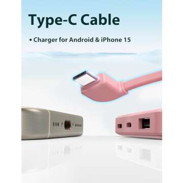 6000mah Ultra Slim Built in Cables Power Bank, Card Size Built in USB C Cords Battery Pack Portable Charger for Phones, 3 Output External Battery Pack Compatible with iPhone, Samsung, Google, Pink