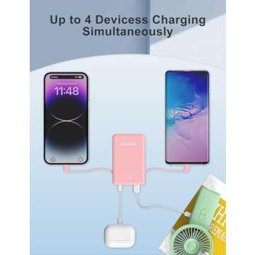6000mah Ultra Slim Built in Cables Power Bank, Card Size Built in USB C Cords Battery Pack Portable Charger for Phones, 3 Output External Battery Pack Compatible with iPhone, Samsung, Google, Pink
