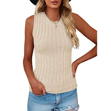 Saodimallsu Womens High Neck Tank Top Summer Ribbed Sleeveless Shirts Casual Loose Knit Cami Sweater Vest (Small, Beige)