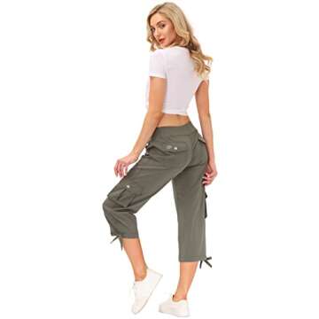 MoFiz Women's Cargo Capris Hiking Pants Lightweight Quick Dry Running Outdoor Casual Shorts Button Pockets UPF 50+ Army Green XS