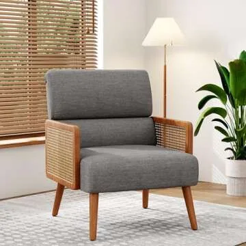 ALISH Accent Chairs,Upholstered Rattan Armchair Mid Century Modern Living Room Chair Reading Chairs with Rattan Armrest and Wooden Legs (Gray, Set of 1)