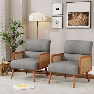 ALISH Accent Chairs,Upholstered Rattan Armchair Mid Century Modern Living Room Chair Reading Chairs with Rattan Armrest and Wooden Legs (Gray, Set of 1)