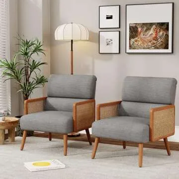 ALISH Accent Chairs,Upholstered Rattan Armchair Mid Century Modern Living Room Chair Reading Chairs with Rattan Armrest and Wooden Legs (Gray, Set of 1)