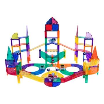PicassoTiles 150 Piece Race Car Track Building Block Educational Toy Set Magnet Tile Magnetic Blocks Playset 4 Cars Early STEM Learning Construction Kit Hand-Eye Fine Motor Skill Brain Training PTR150