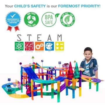 PicassoTiles 150 Piece Race Car Track Building Block Educational Toy Set Magnet Tile Magnetic Blocks Playset 4 Cars Early STEM Learning Construction Kit Hand-Eye Fine Motor Skill Brain Training PTR150