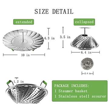 Steamer Basket, Veggie Steamer Basket for Cooking Stainless Steel Folding Vegetable Steamer Insert with Extending Removable Center Handle Expandable to Fit Various Size Pot(6.4" to 10")