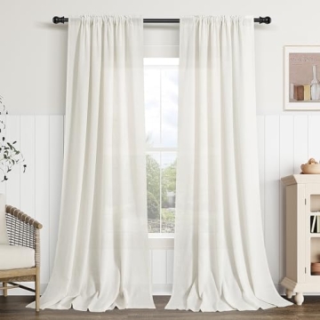 Linen Textured Curtains 108 Inches Long for Living Room 2 Panel Set Rod Pocket Window Drape Semi She...