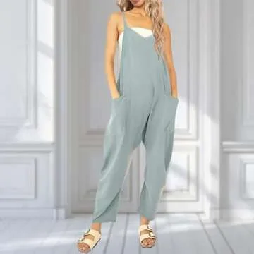 UNIANKIYA One Piece Jumpsuits for women V Neck Sleeveless Loose Fit overalls Spaghetti Strap Harem Long Pants with Pockets