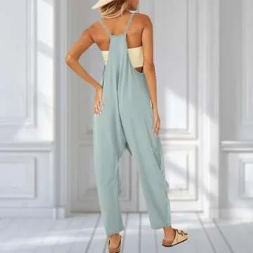 UNIANKIYA One Piece Jumpsuits for women V Neck Sleeveless Loose Fit overalls Spaghetti Strap Harem Long Pants with Pockets