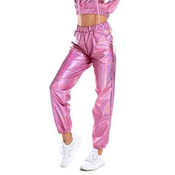 SIAEAMRG Womens Shiny Metallic High Waist Stretchy Jogger Pants, Wet Look Hip Hop Club Wear Holograp...