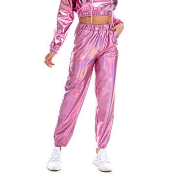 SIAEAMRG Womens Shiny Metallic High Waist Stretchy Jogger Pants, Wet Look Hip Hop Club Wear Holographic Trousers Sweatpant (Pink, M)