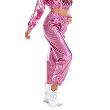 SIAEAMRG Womens Shiny Metallic High Waist Stretchy Jogger Pants, Wet Look Hip Hop Club Wear Holographic Trousers Sweatpant (Pink, M)