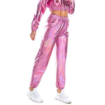 SIAEAMRG Womens Shiny Metallic High Waist Stretchy Jogger Pants, Wet Look Hip Hop Club Wear Holographic Trousers Sweatpant (Pink, M)
