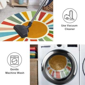 STARUIA Small Round Rug 4 Ft Washable Round Rug for Kids Room, Colorful Sun Circle Rug for Playroom, Non-Slip Circular Office Carpet Soft Rainbow Rug for Bedroom Reading Corner Dorm