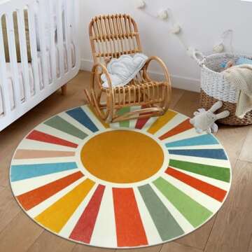 STARUIA Small Round Rug 4 Ft Washable Round Rug for Kids Room, Colorful Sun Circle Rug for Playroom, Non-Slip Circular Office Carpet Soft Rainbow Rug for Bedroom Reading Corner Dorm