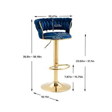 Kakotito 360° Velvet Swivel Bar Stools with Low Back & Footrest, Adjustable Counter Barstools, Gold Bar Stool (Set of 2, Navy)