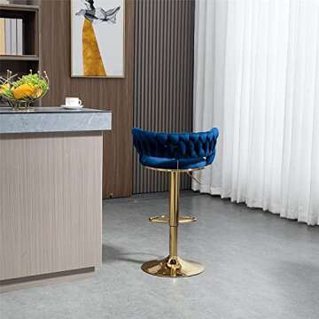 Kakotito 360° Velvet Swivel Bar Stools with Low Back & Footrest, Adjustable Counter Barstools, Gold Bar Stool (Set of 2, Navy)