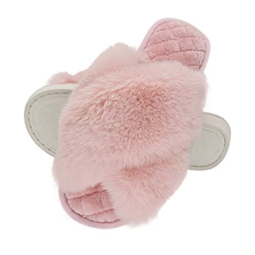 HUMIWA Pink Women's Cross Band Slippers Soft Open Toe Furry Cozy Fur House Slippers Memory Foam Sand...