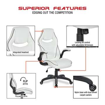 OSP Home Furnishings Xeno Ergonomic Adjustable Faux Leather Gaming Chair with Integrated Headrest and Airflow Cooling Material, White with Black Accents