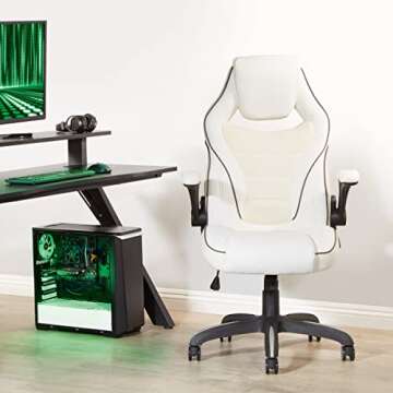 OSP Home Furnishings Xeno Ergonomic Adjustable Faux Leather Gaming Chair with Integrated Headrest and Airflow Cooling Material, White with Black Accents