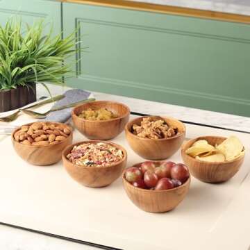 LAVAUX DESIGNS Set of 6 small acacia wood dessert bowls 4.2 * 2 inches | 8 oz capacity | Charcuterie accessories | use for dipping, condiments, nuts, ice cream, snacks, sauce, dips