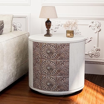 HOMPUS Round Handcrafted End Table with Decorative Flower Pattern, 3 Drawer Storage Nightstand, Ligh...