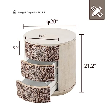 Elegant HOMPUS Round End Table with 3 Storage Drawers